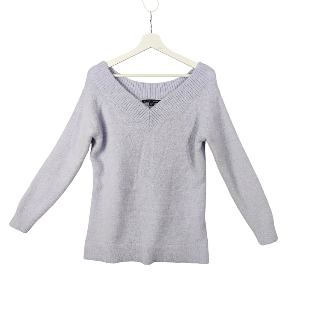Boston Proper‎ Fuzzy Eyelash Knit V-Neck Sweater Soft Lavender Pullover Womens M